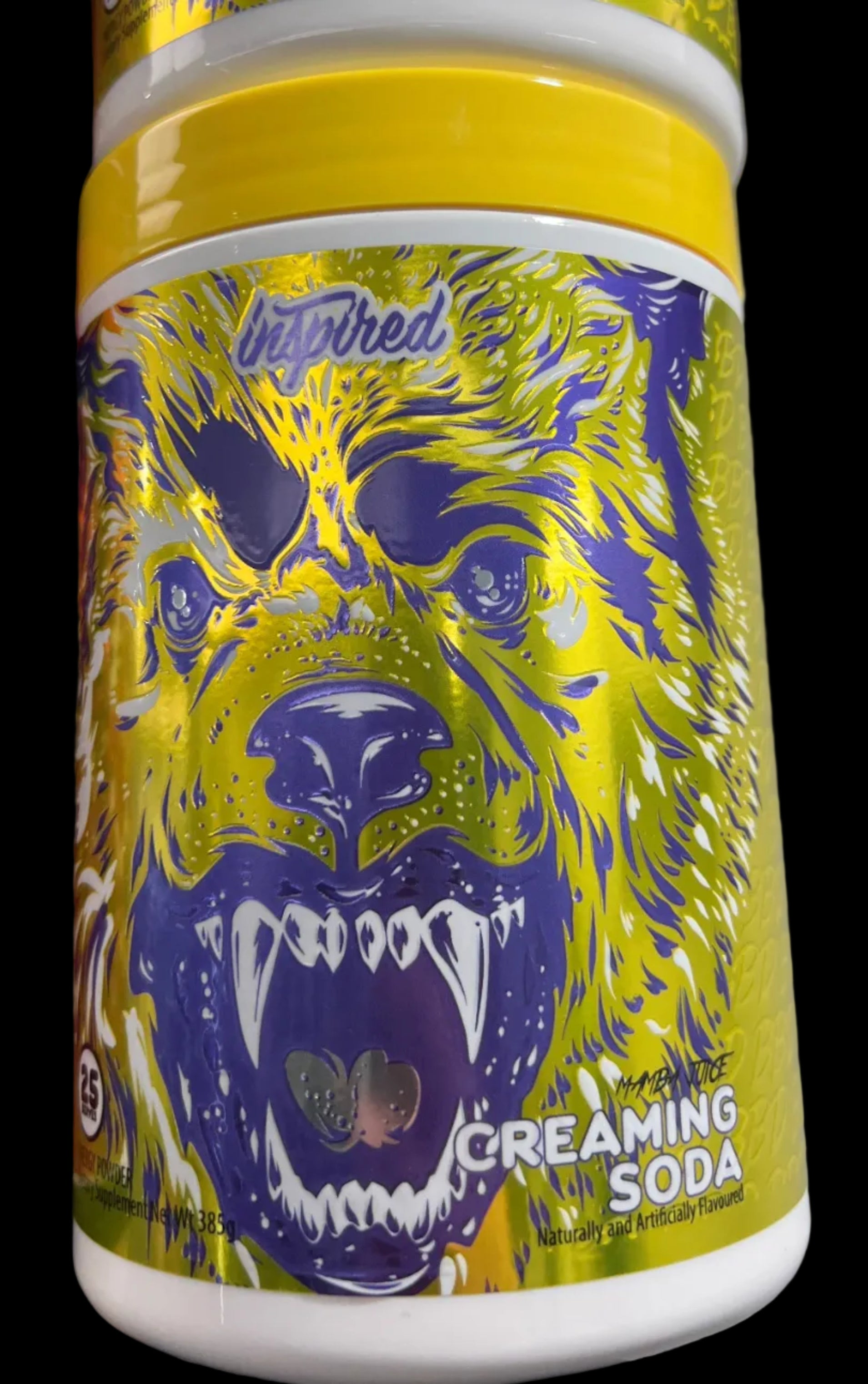 Colorful cylindrical container with a skull design on a gray background